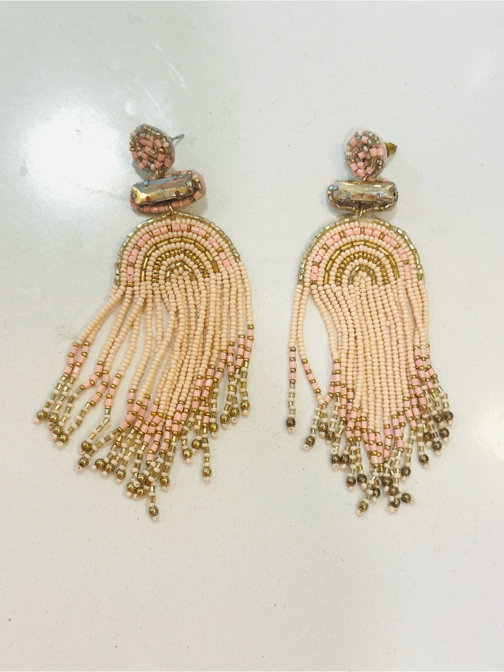 Blush Pink Seed Bead Fringe Chandelier Earrings Gold Crystal Statement 4”